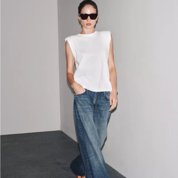 Zara Tops - Zara White Sleeveless Top with Blue Wide Leg Jeans